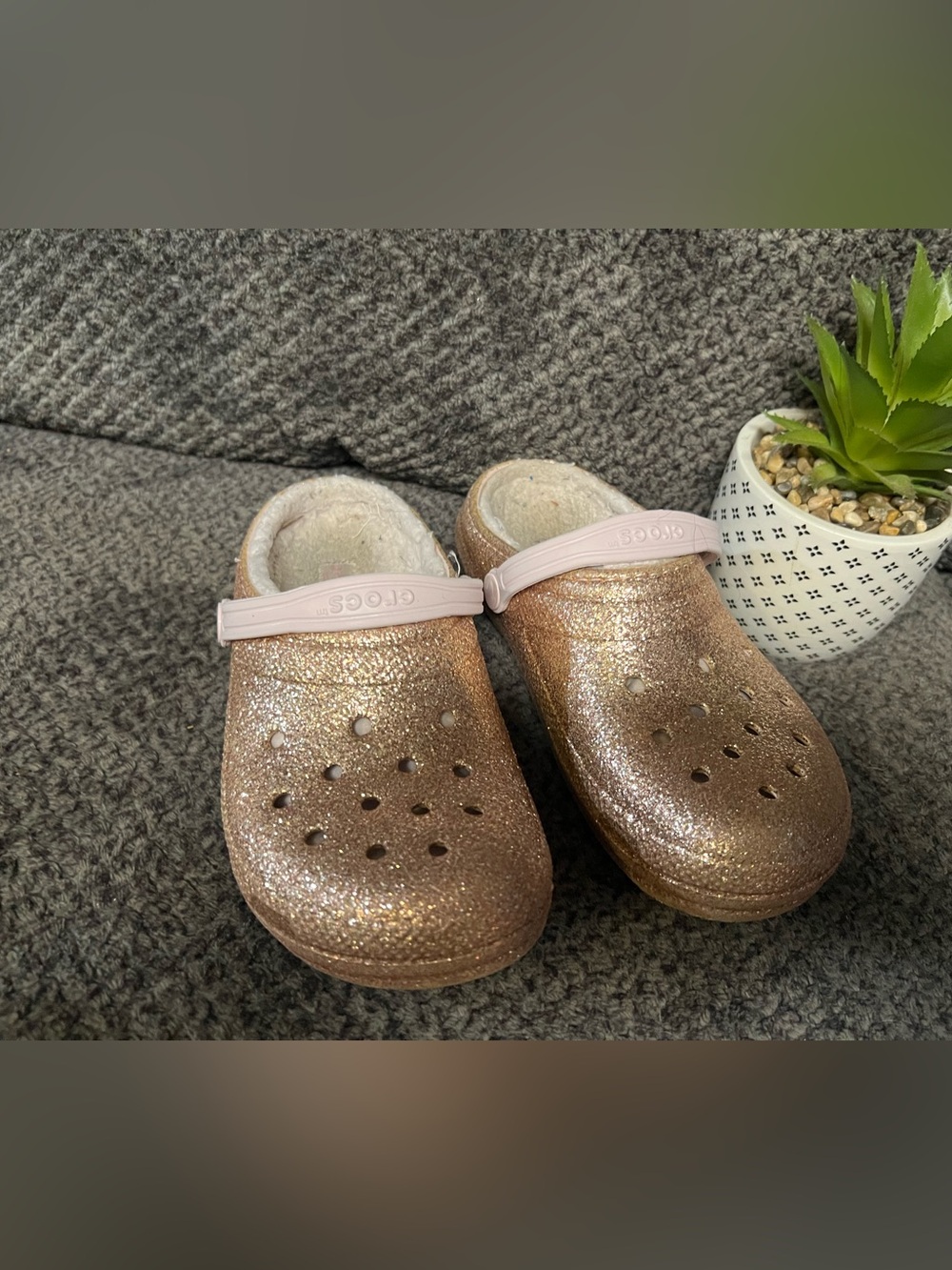 CROCS Kids Glitter Clogs in Rose Gold with Light Pink Strap
